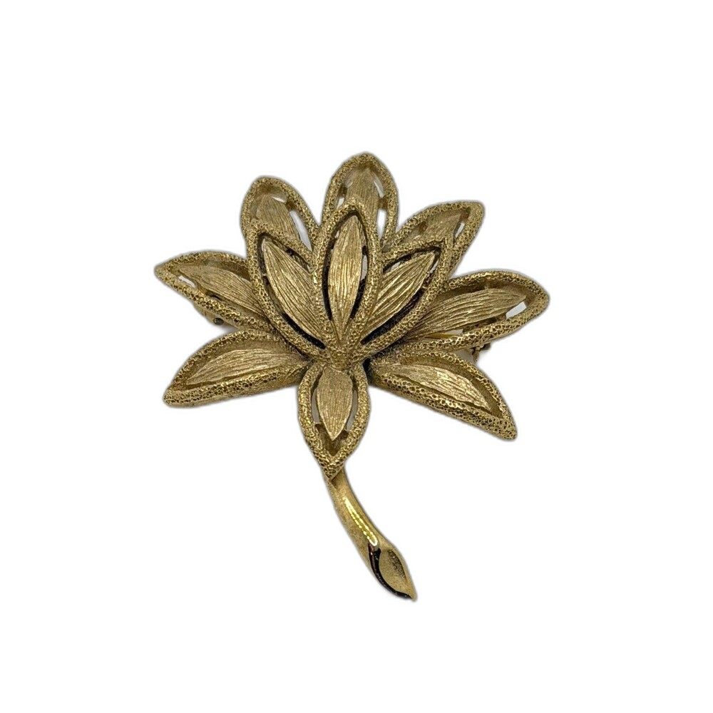 Avon Gold Tone Textured Lotus Flower Brooch Pin